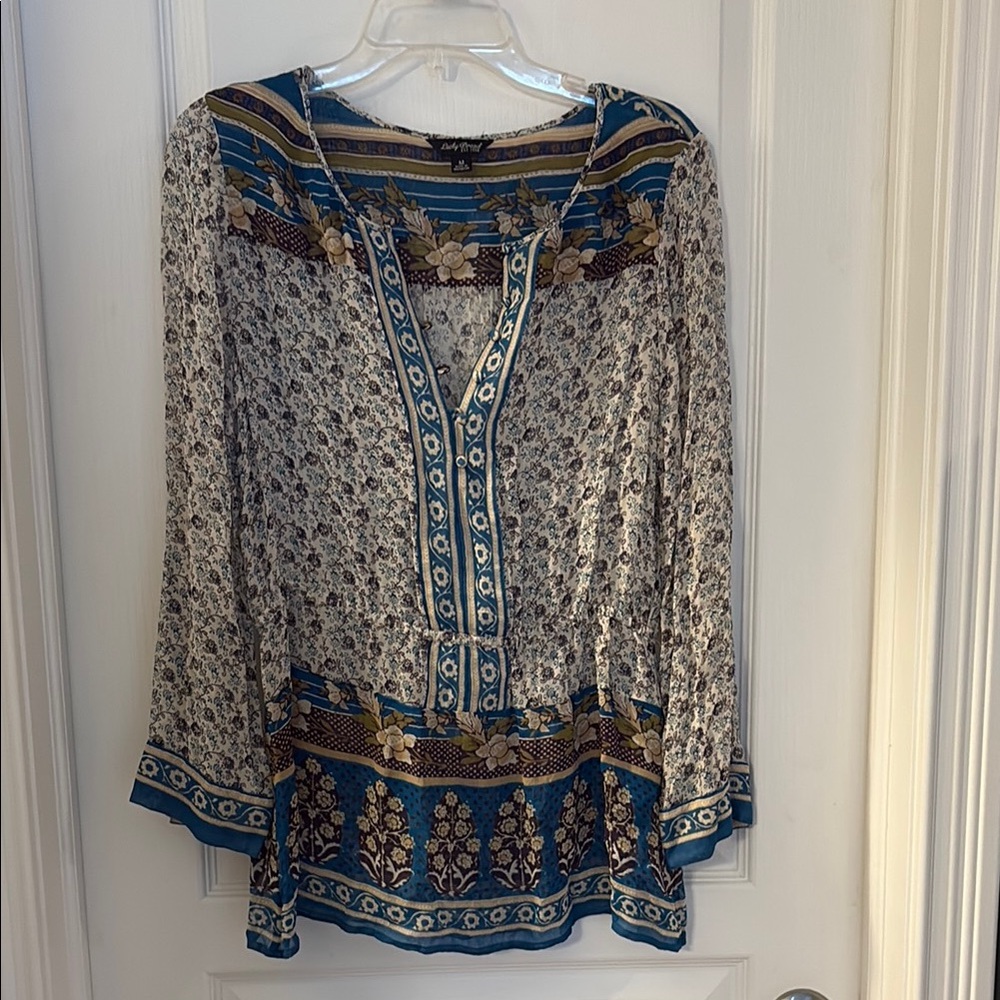 Lucky brand Women's Floral Blue and Cream Top
